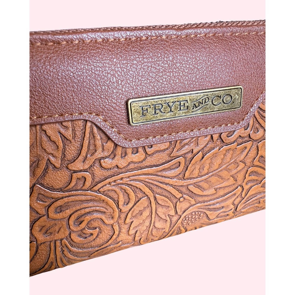 Frye and Co Womens Embossed Floral Zip Around Wallet Brown Cognac NWT